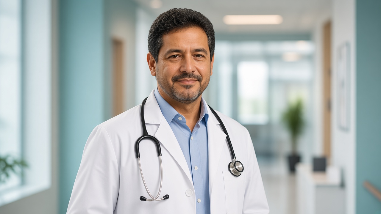El Dr. Vladimir Alejandro Urtecho Ortiz con bata blanca y fonendoscopio en su consulta de Málaga